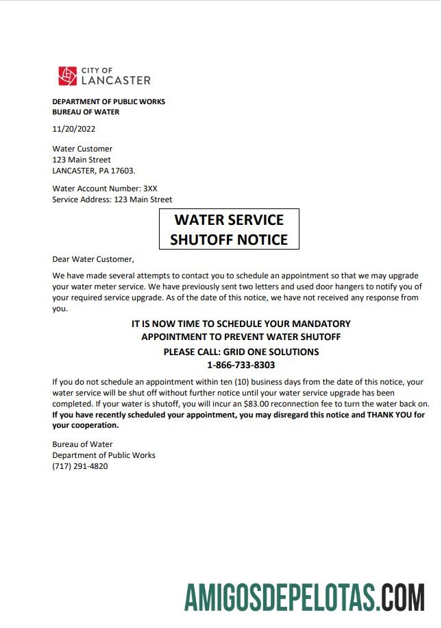 realista Aviso de desligamento da conta de serviços públicos de água de Lancaster dos EUA, modelo Word e PDF